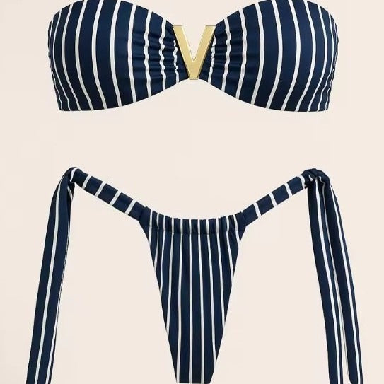 Blue and White Striped Bandeau Bikini Set