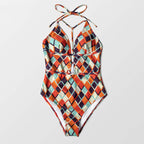 Retro Geometric Print Halter One-Piece Swimsuit