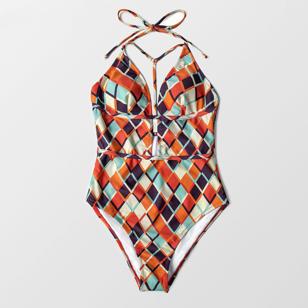 Retro Geometric Print Halter One-Piece Swimsuit