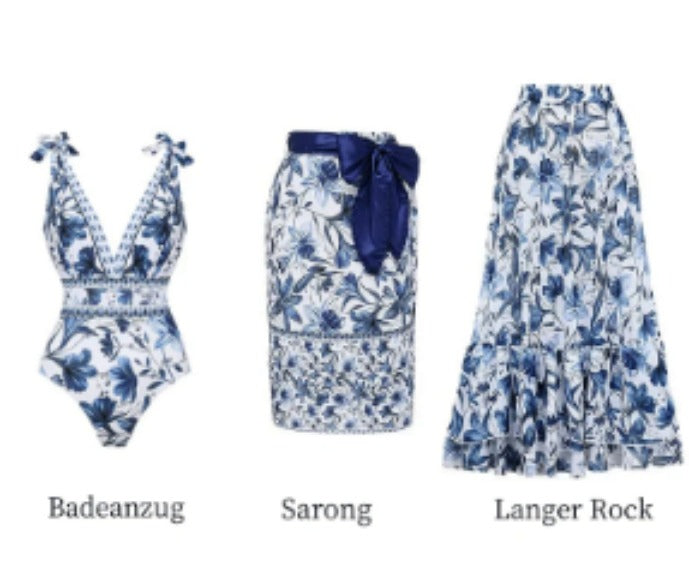 Blue Floral Print Swim Skirt and Bikini Set