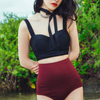 Retro Black Bustier High-Waist Bikini Set