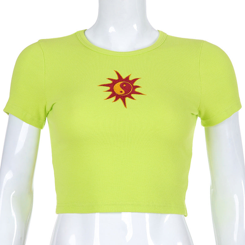 2020 Women's Fashion Crop Top Embroidered T-Shirt