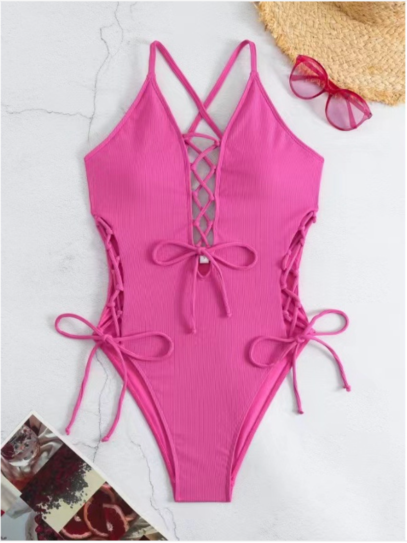 Women's Ribbed Lace-Up Plunge One-Piece Swimsuit