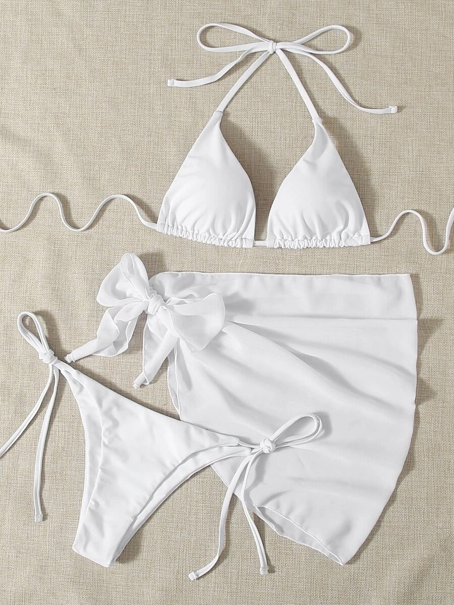 Women's Three-Piece Triangle Bikini Set with Sarong