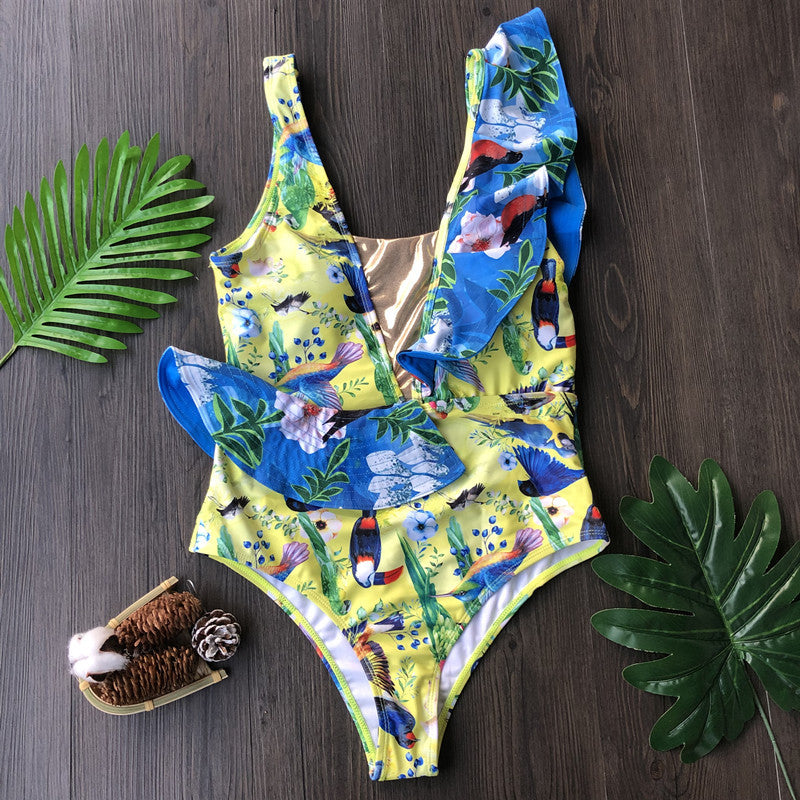 Tropical Bird Print Ruffle One-Piece Swimsuit