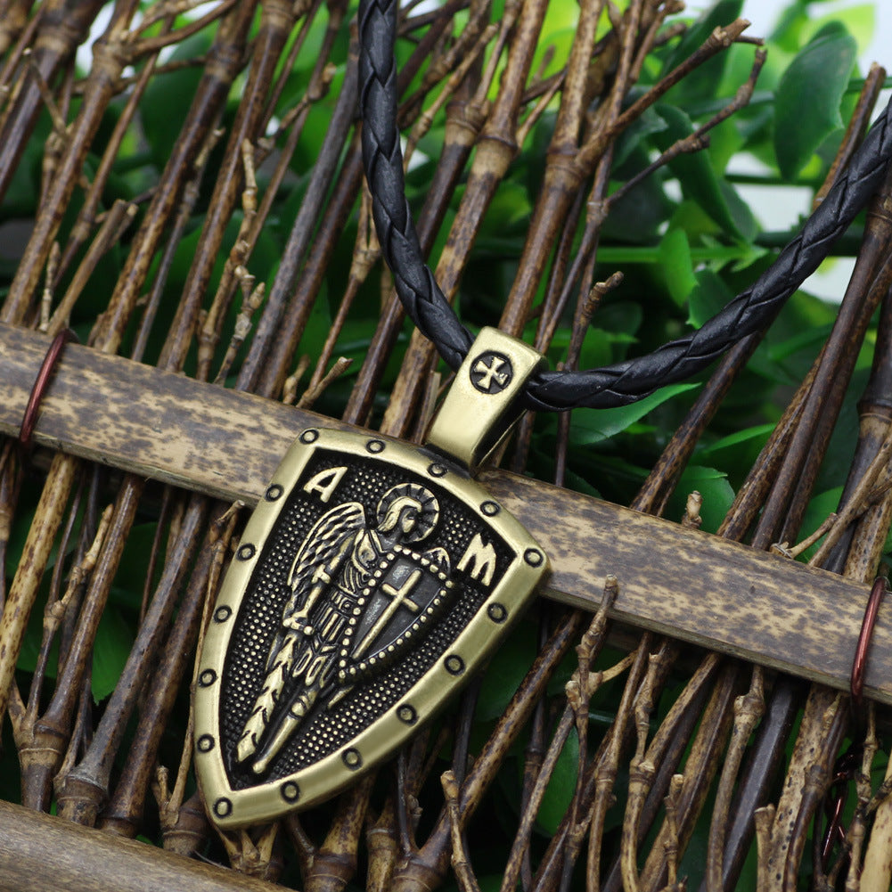 Retro Angel Medal Shield Cross Pendant Necklace for Men