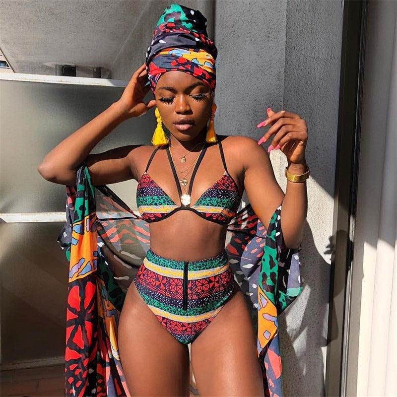 African Print High-Waist Bikini Set