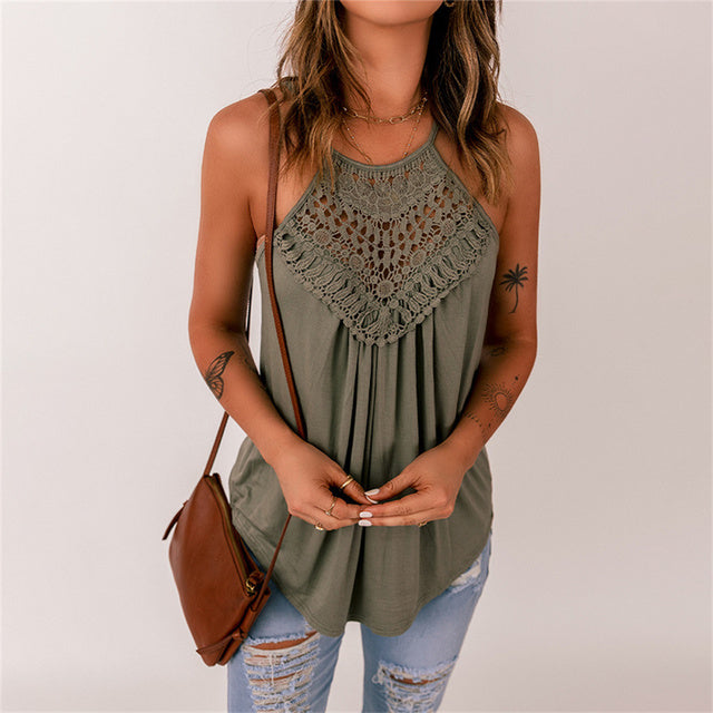 Summer Women's Lace Solid Casual Tank Top