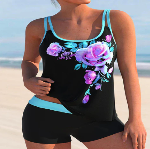 Black Rose Print Tankini Set with Boy Shorts