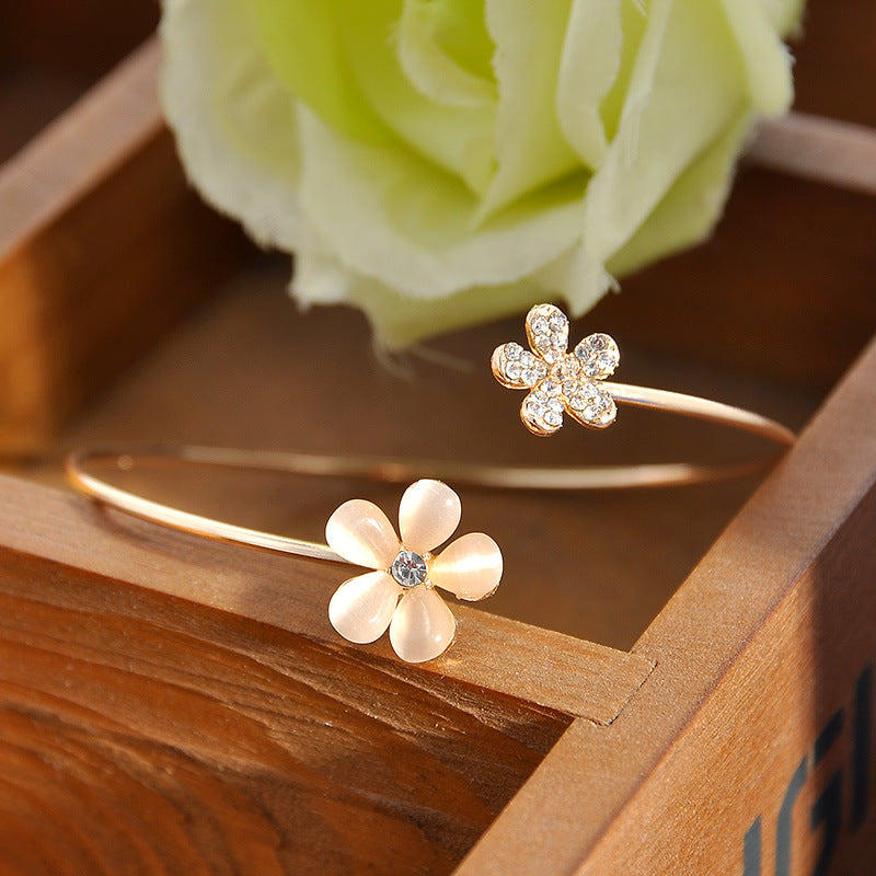 Korean Style Daisy Open Bangle with Cat's Eye Stones
