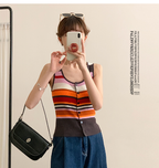 Purple Striped V-Neck Knit Crop Top for Women