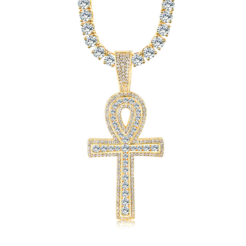 Micro Inlaid Zircon Ankh Cross Pendant Necklace