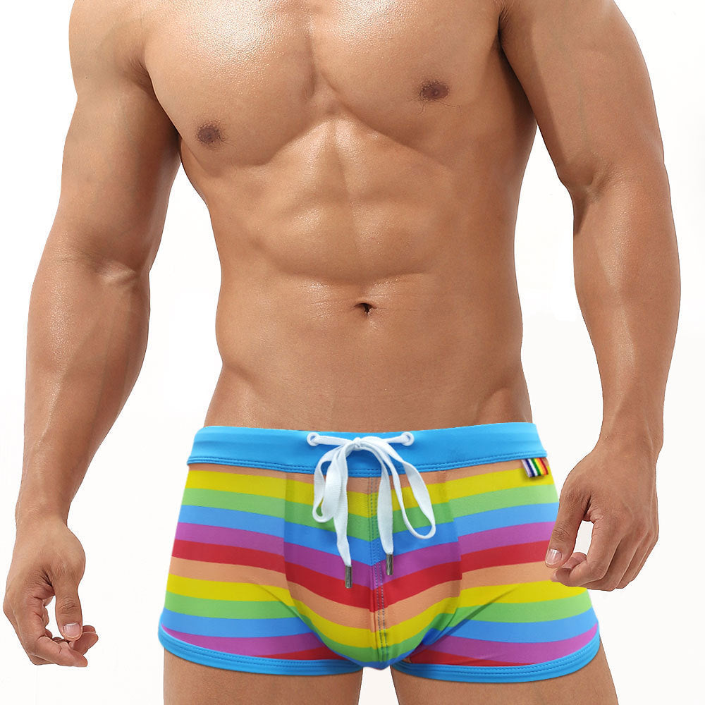 Men's Rainbow Stripe Drawstring Swim Trunks