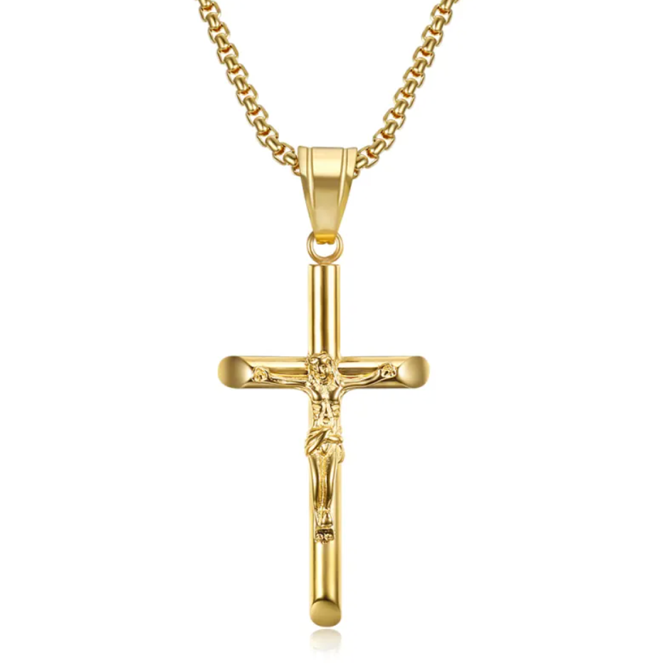 Gold Titanium Steel Crucifix Necklace