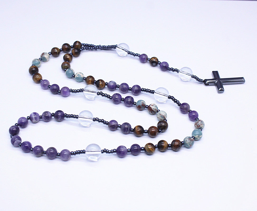 Rosary Necklace with Amethyst and Tiger Eye Stones | Christian Jewelry
