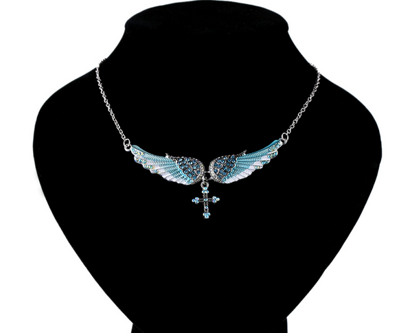 Angel Wings Pendant and Sweater Necklace with Gems | Christian Jewelry