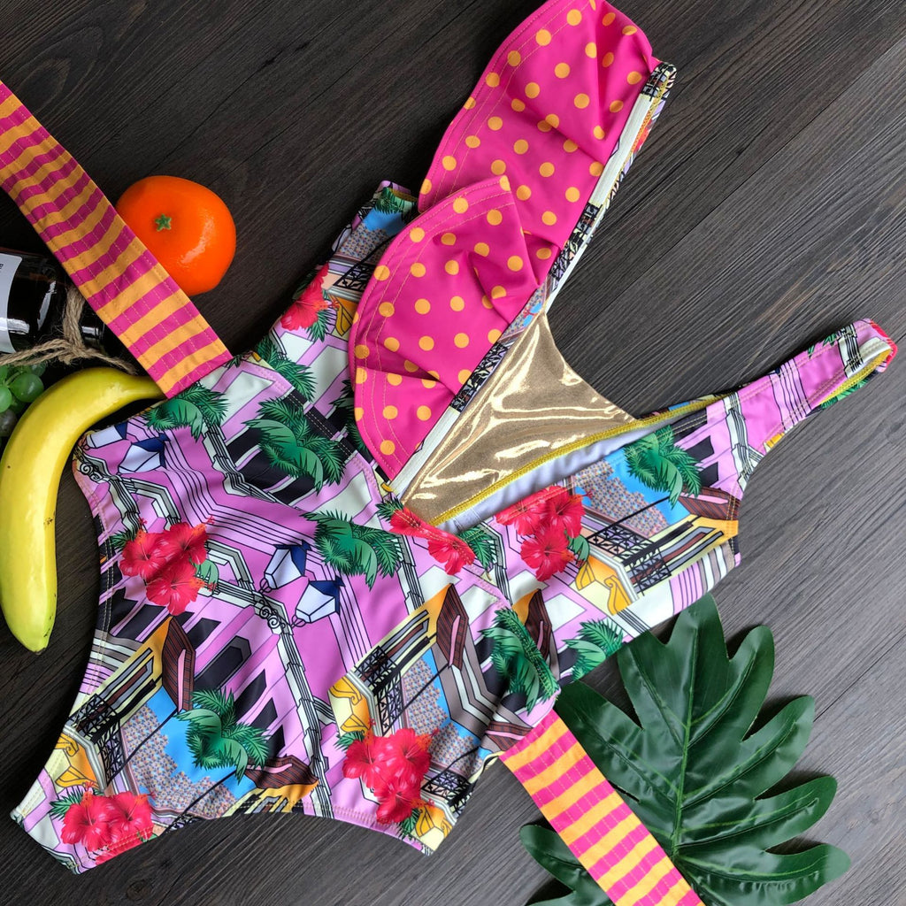 Tropical Bird Print Ruffle One-Piece Swimsuit