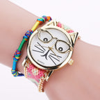 Knitted Yarn Bracelet Watch with Cute Cat Face Design