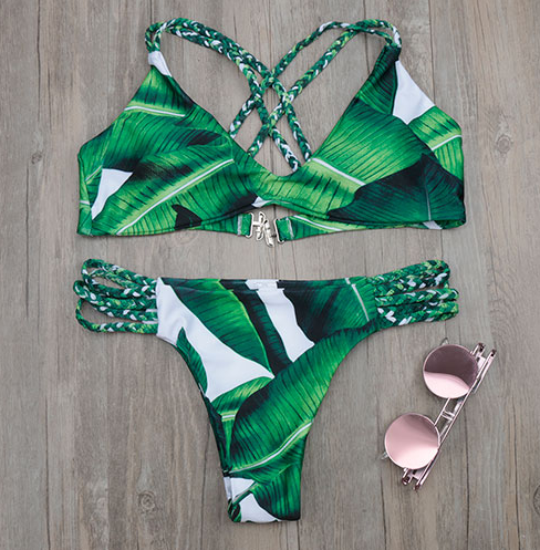 Women's Tropical Leaf Braided Strap Bikini Set
