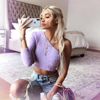 New Sexy One-Shoulder Crop Top with Fur Sleeves