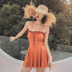 White Skirted Lace-Up One-Piece Swim Dress