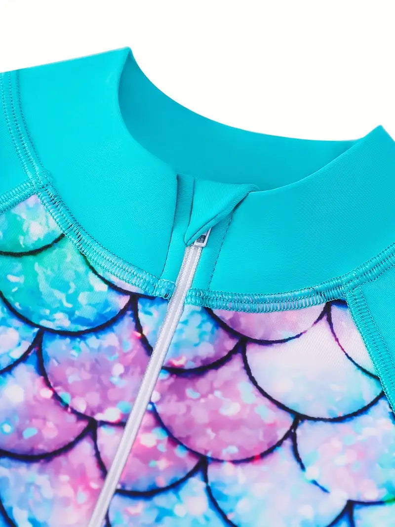 Girls Mermaid Scale Long-Sleeve Rash Guard Swimsuit