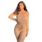 2020 Women's Off-Shoulder Crop Top & High-Waist Pants Set