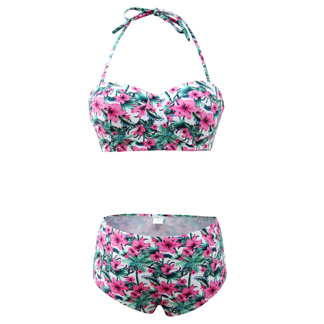 Tropical Floral Bustier High-Waist Bikini Set