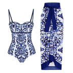 Blue and White Porcelain Print One-Piece Swimsuit with Sarong