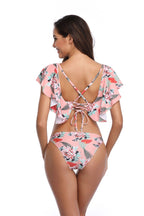 Striped Fruit Print Cold-Shoulder Ruffle Bikini Set