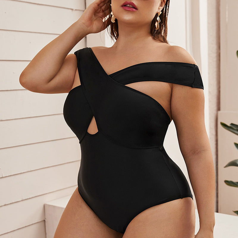 Plus Size Black Off-Shoulder Cutout One-Piece Swimsuit