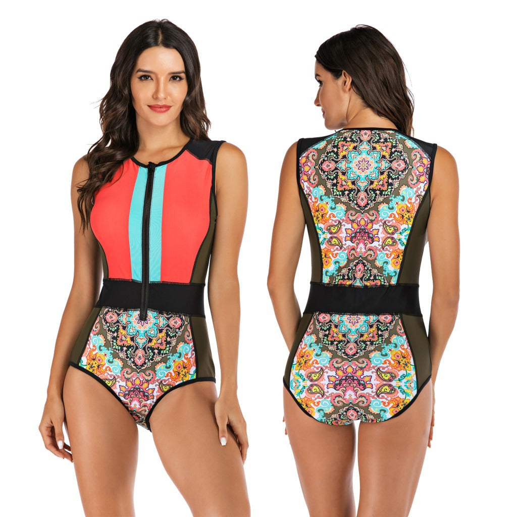 Colorblock Zip-Front Sleeveless Surf Swimsuit
