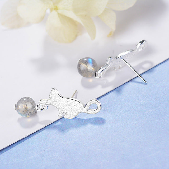 Silver Cat Tassel Stud Earrings with AAA Zircon
