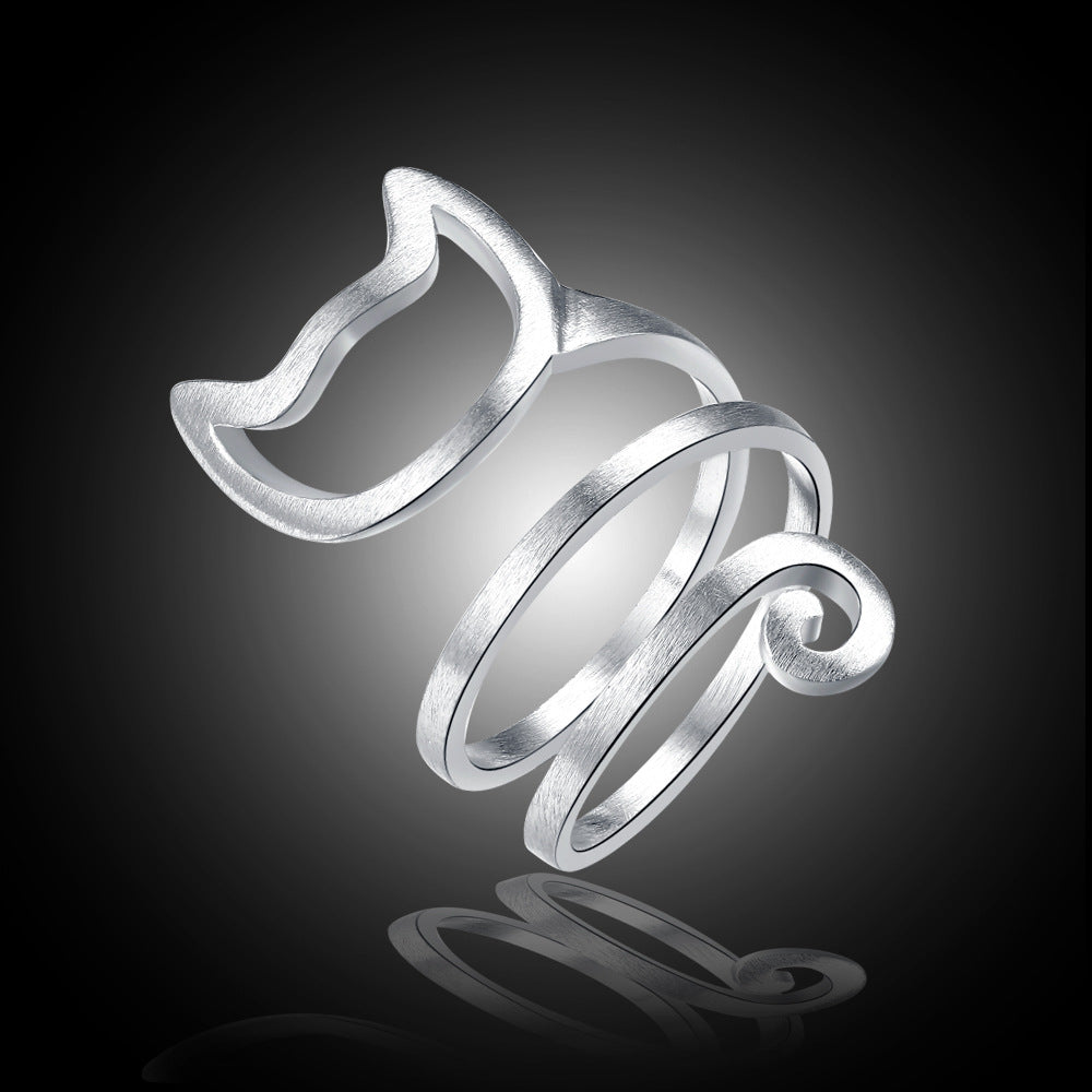 925 Silver Plated Cat Open Ring - Cute Design for Women