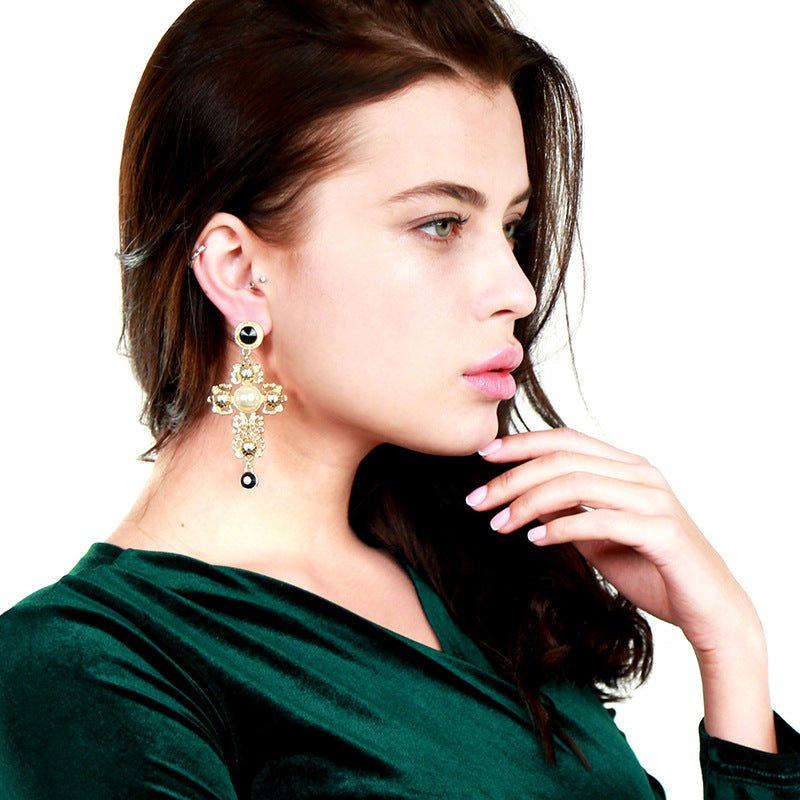 Vintage Baroque Pearl Cross Women's Earrings