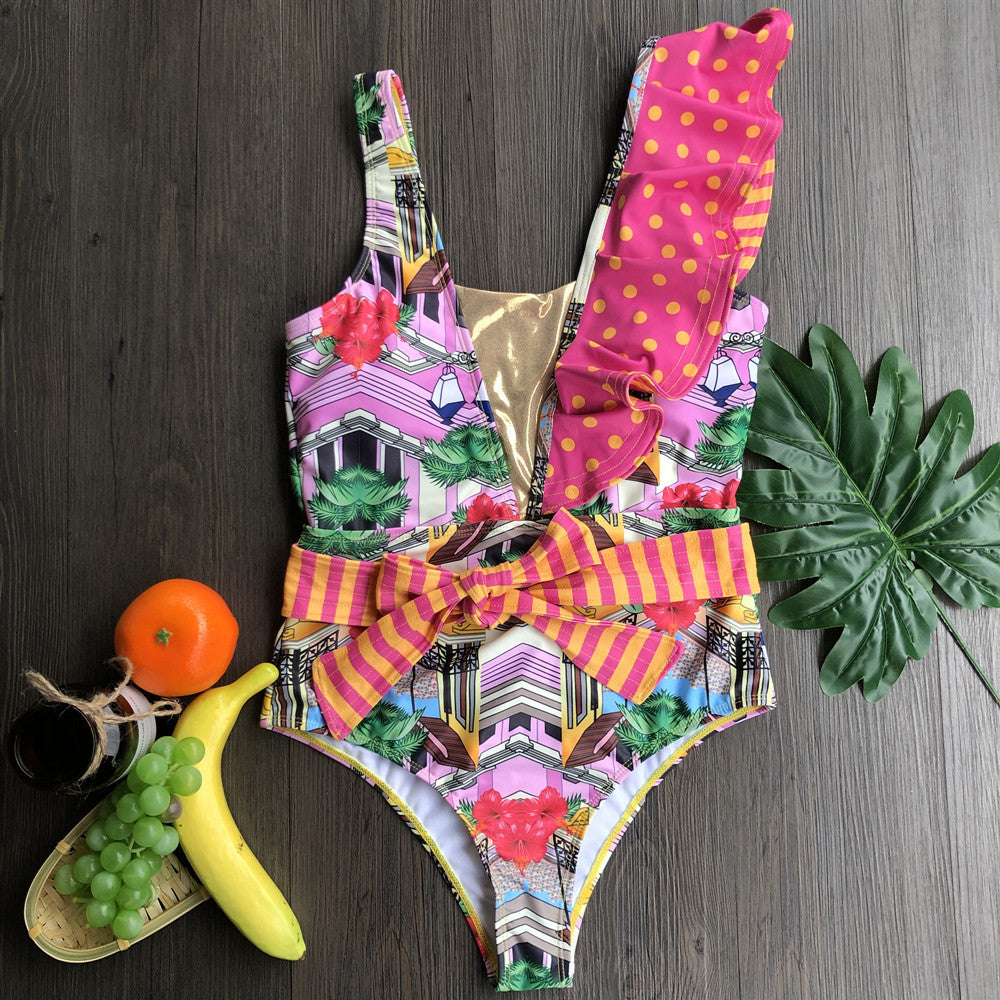 Tropical Print Ruffle One-Piece Swimsuit
