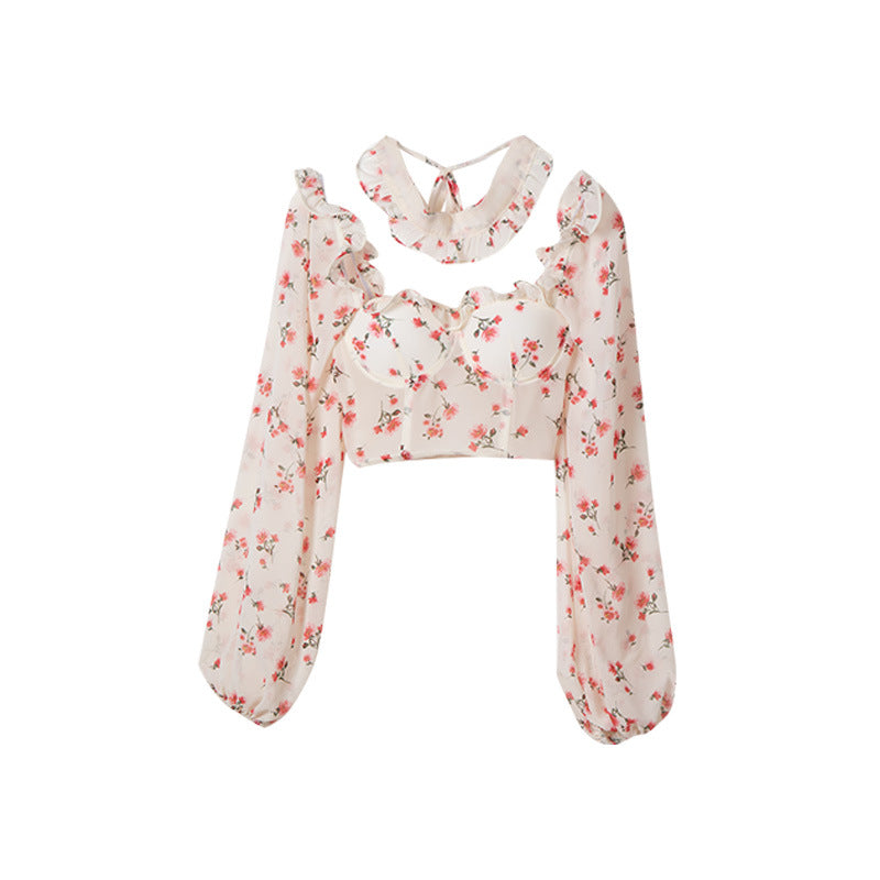 Women's Chiffon Printed Crop Top Long Sleeve Shirt