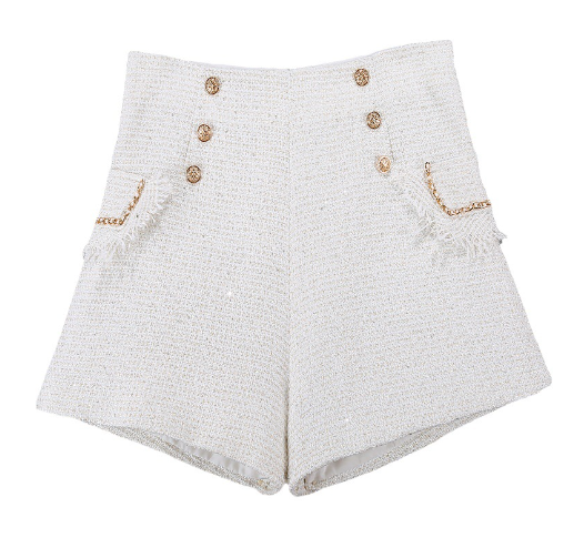 Ladies High Waist Tweed Shorts with Double Buttons