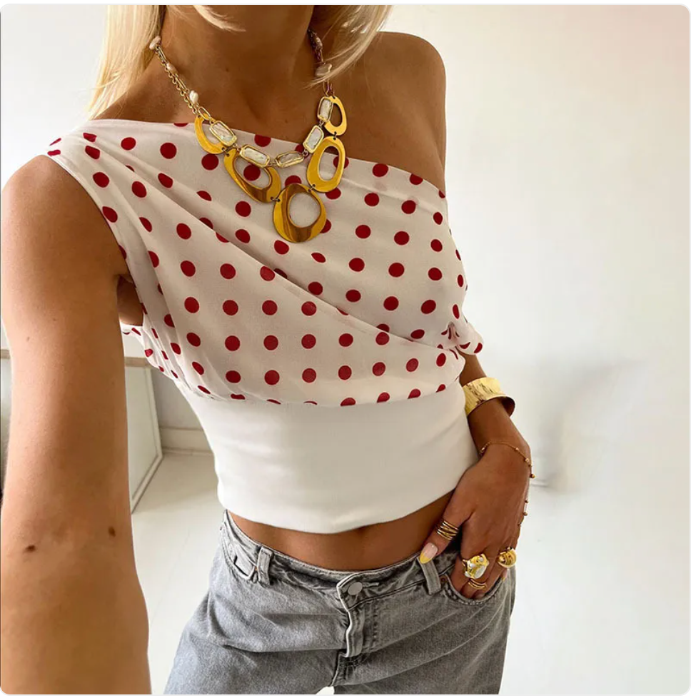 Retro One-Shoulder Polka Dot Crop Top