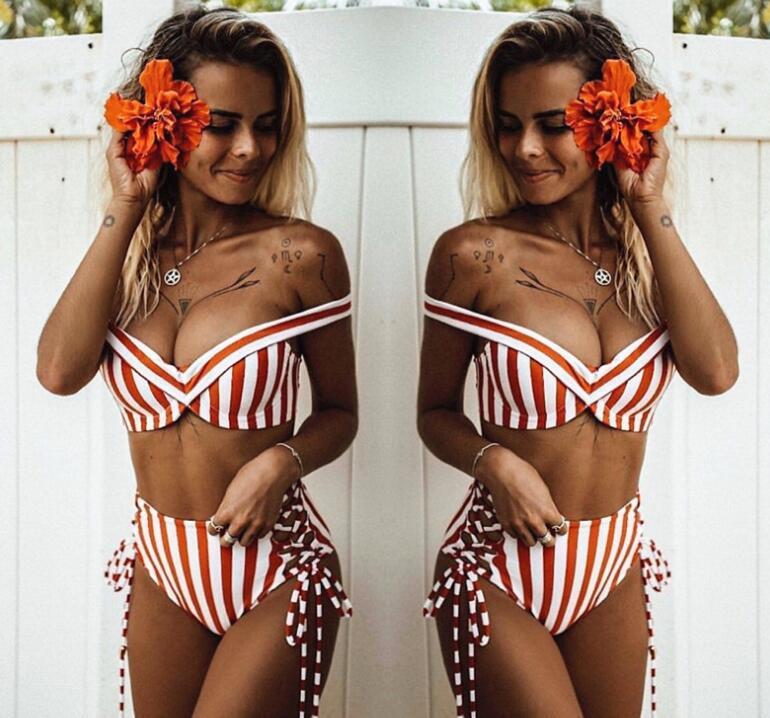 Striped Bandeau High-Waisted Bikini Set
