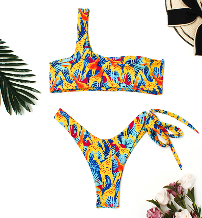 One-Shoulder Tropical Print Bikini Set