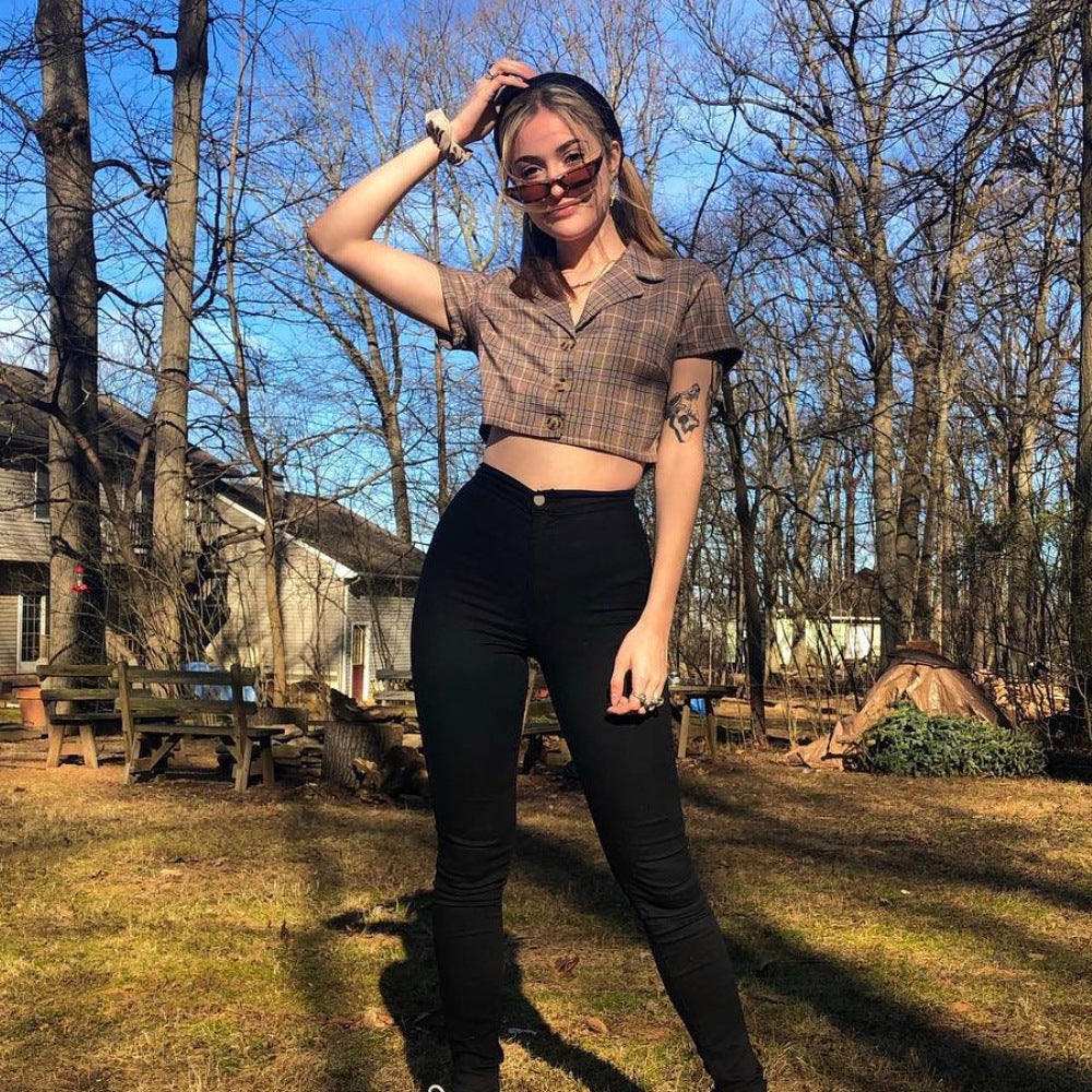 Summer Plaid Crop Top with Button Closure for Women