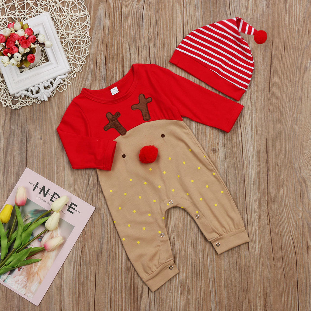 Baby Romper with Hat, Christmas Reindeer Bodysuit
