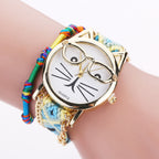Knitted Yarn Bracelet Watch with Cute Cat Face Design