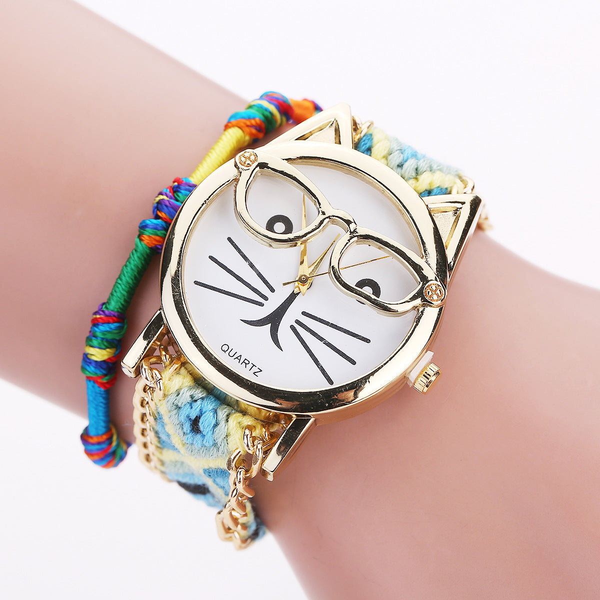 Knitted Yarn Bracelet Watch with Cute Cat Face Design