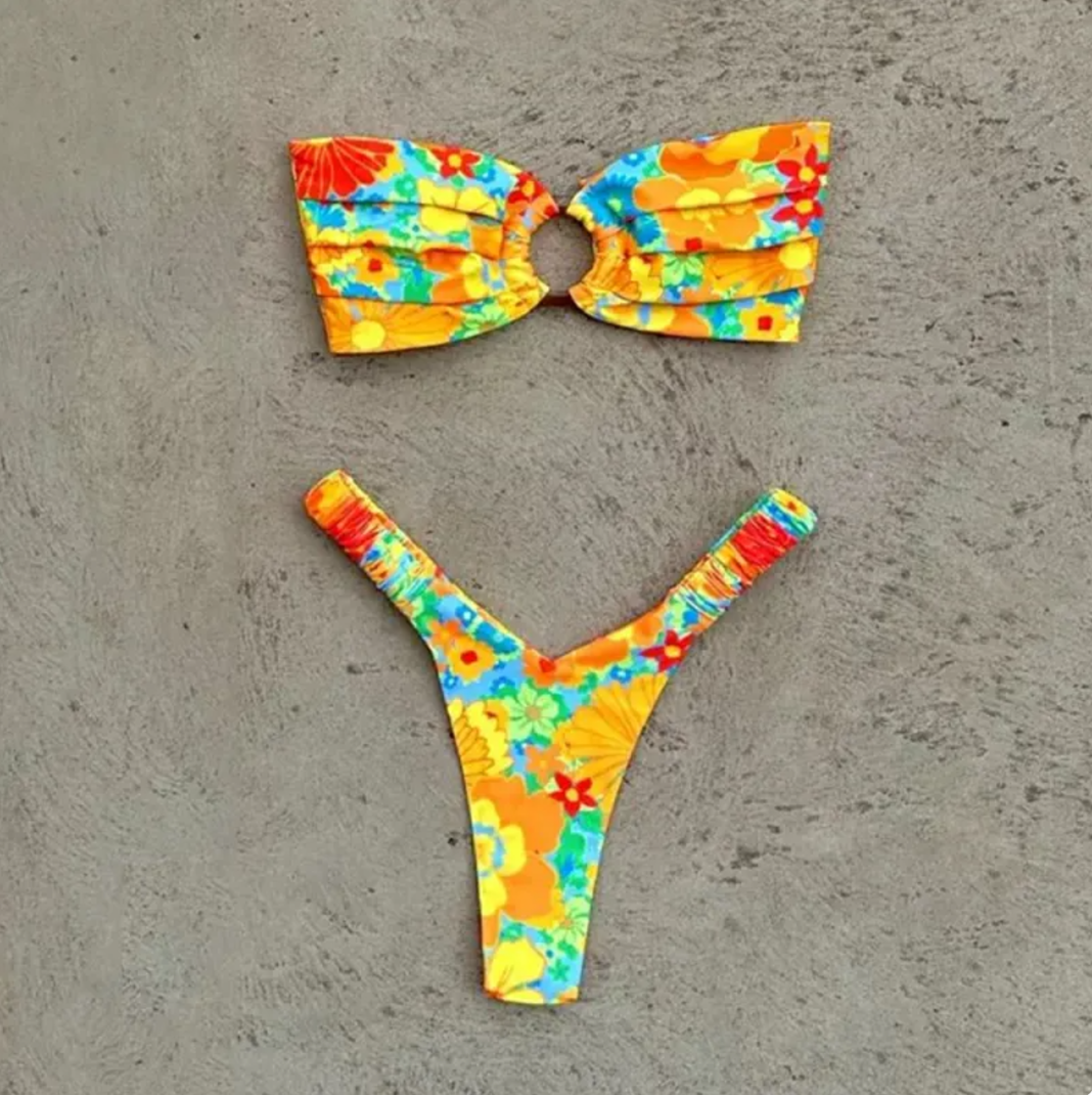 Women's Retro Floral Bandeau Bikini Set