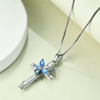 Blue Crystal Butterfly Sunflower Cross Pendant Necklace