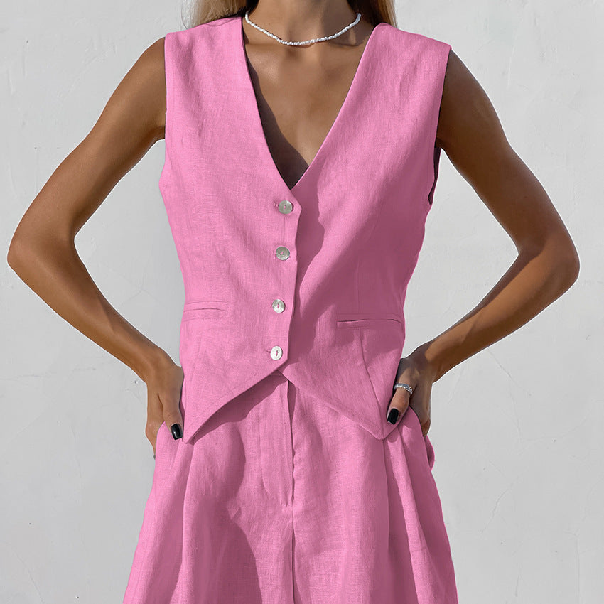 2024 Women's Cotton-Linen Suit Vest and Shorts Set