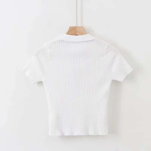 V-Neck Solid Color Short Sleeve Knit Crop Top
