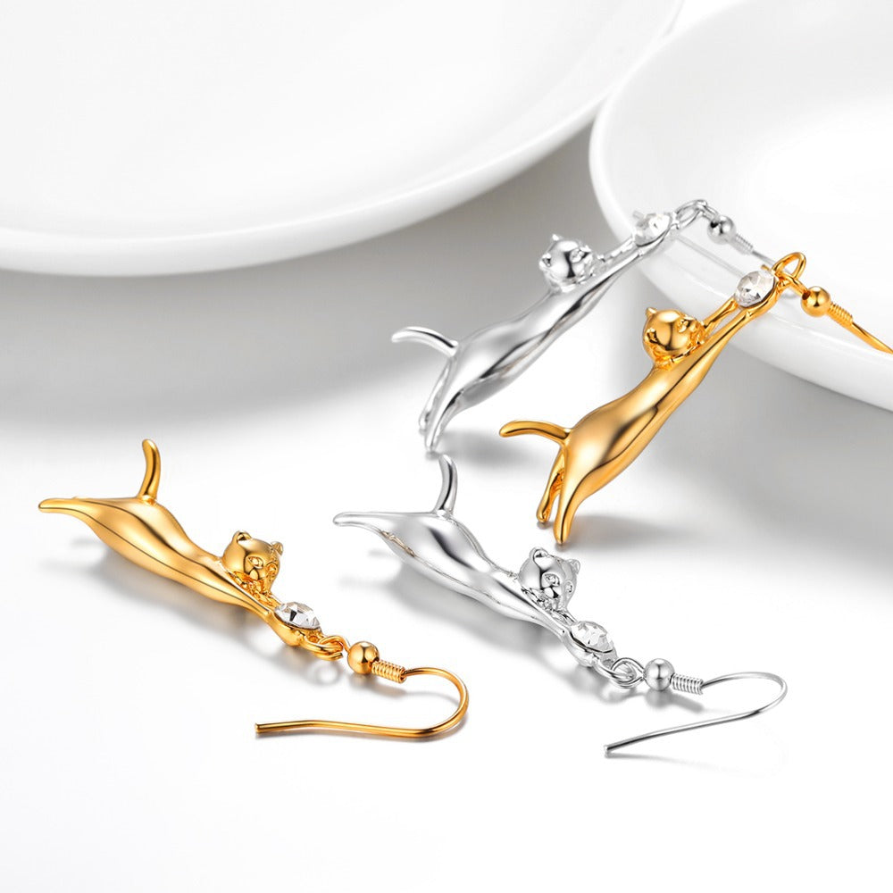 Cute Cat Earrings in 18K Gold-Plated Brass